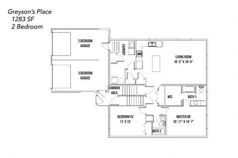 Floor plan for 2 beds, 2 baths, 1283 sqft